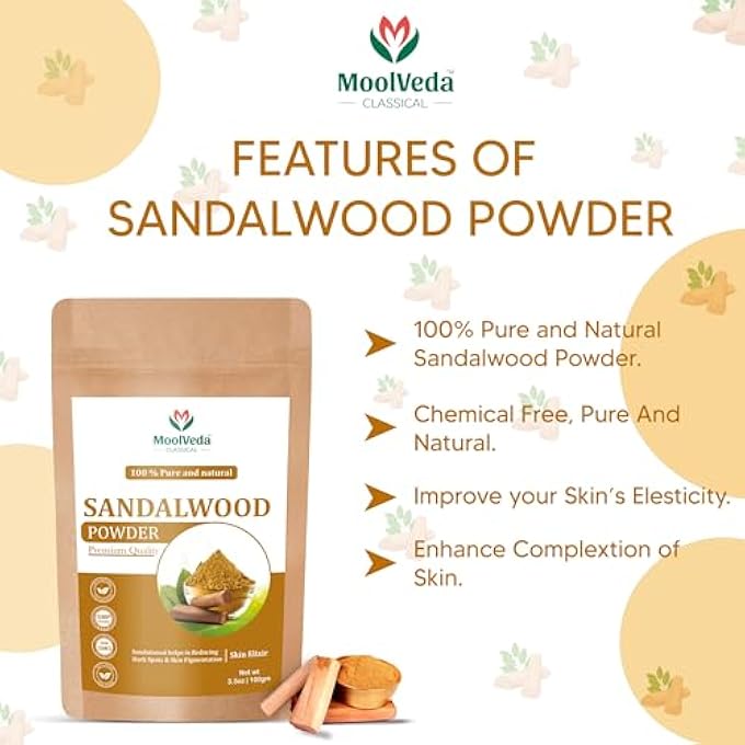 Moolveda مسحوق خشب الصندل النقي والأصلي (تشاندان) للوجه، البشرة، تبييض البشرة، قناع الوجه، حزمة الوجه والعناية بالبشرة، (100جم) - Image 3